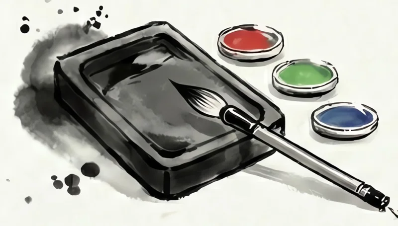 An ink stone and brush beside red, green and blue paint pots
