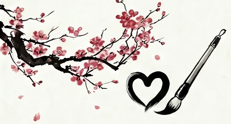 A cherry blossom branch beside a brush-painted heart