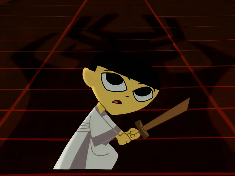 Young Jack grips a wooden practice sword in a dark red hall