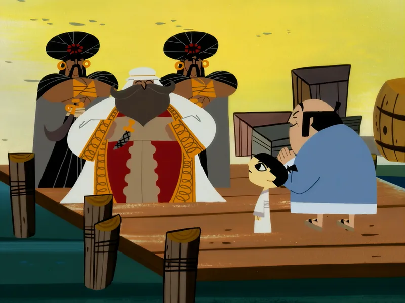 Young Jack and his guardian meet a bearded sheik and his guards on a dock
