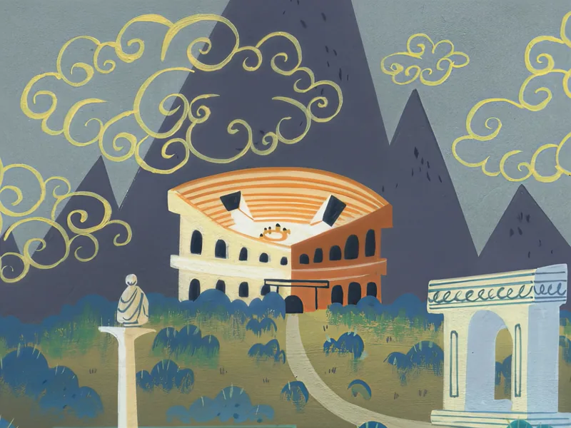 A painted Roman landscape with the Colosseum, a statue and an arch