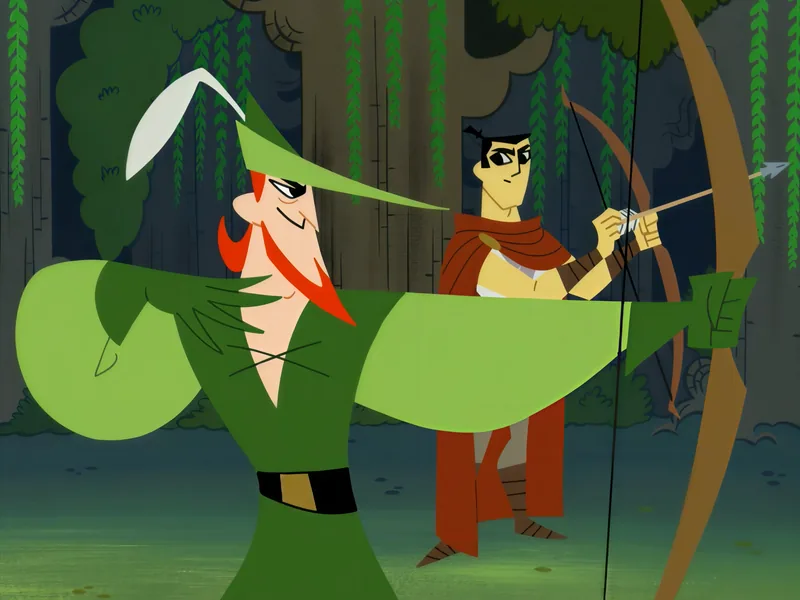 An archer in green and Jack draw their bows in the forest