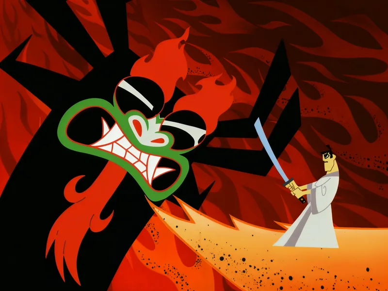 Jack faces Aku with his sword raised amid the flames
